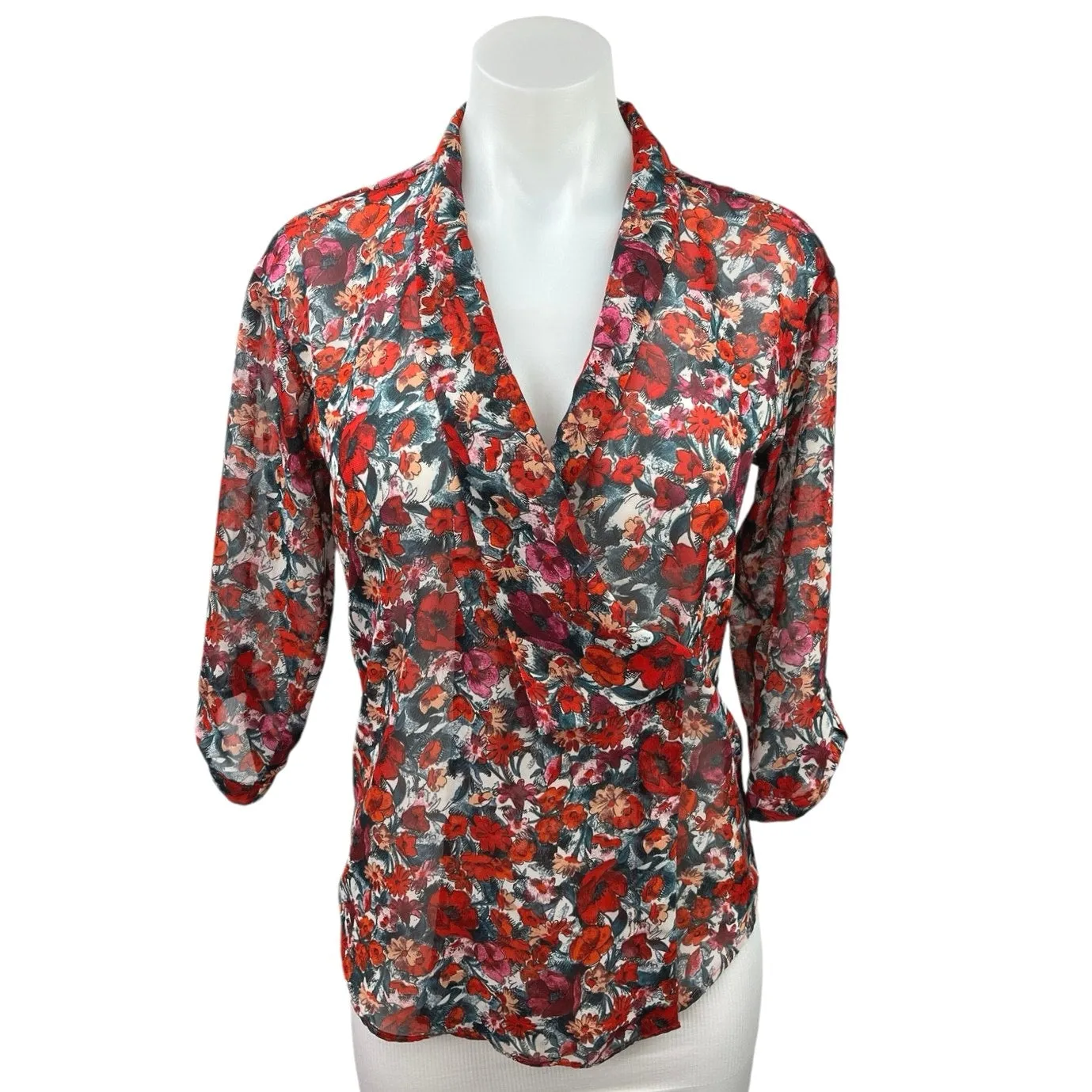 Asos Red Black Floral Print V-Neck 3/4 Sleeve Career Office Shirt Blouse Top 2