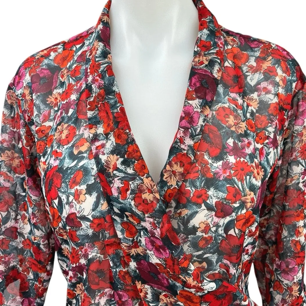 Asos Red Black Floral Print V-Neck 3/4 Sleeve Career Office Shirt Blouse Top 2