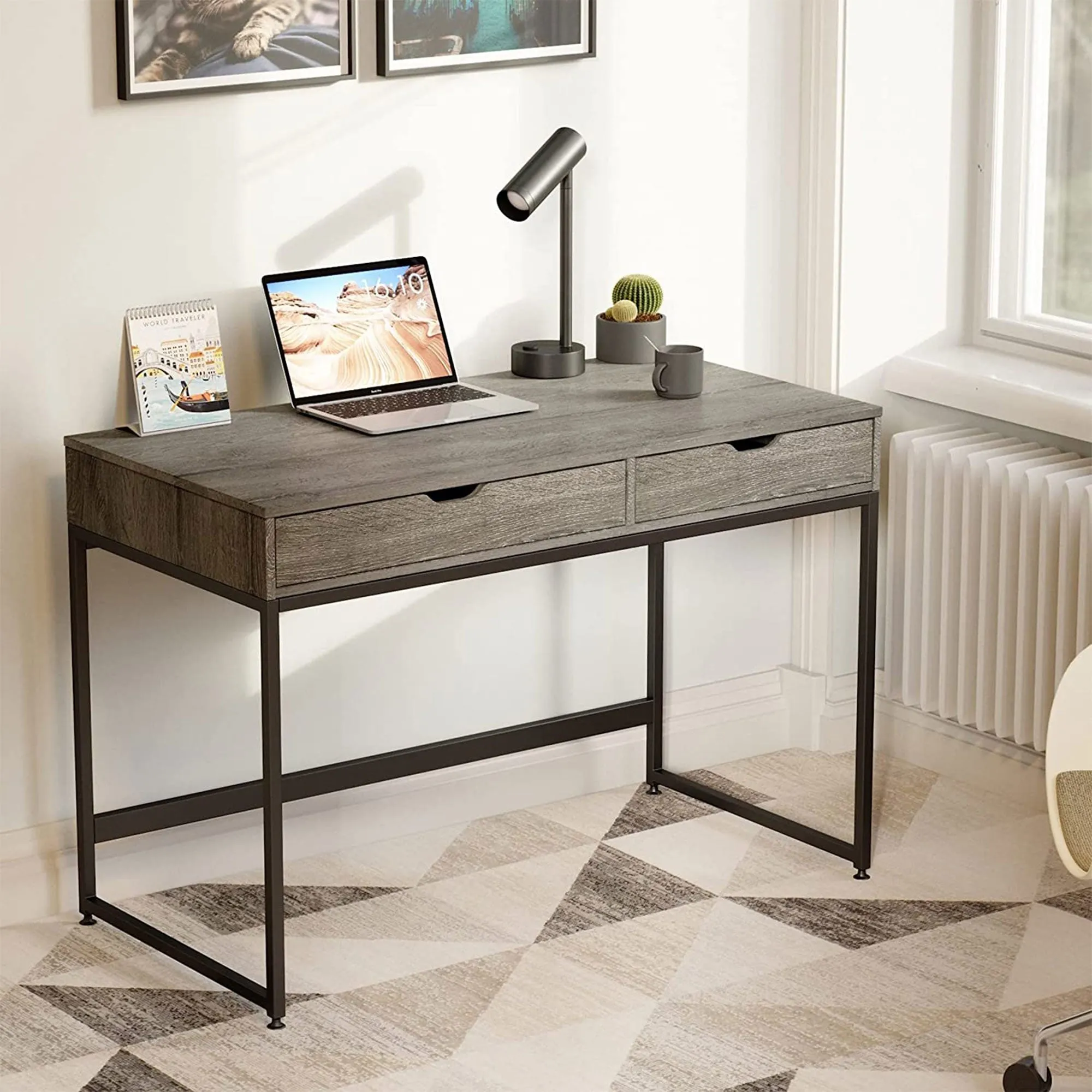 Bestier Office Writing Computer Workstation Home Office Desk w/ 2 Drawers, Gray