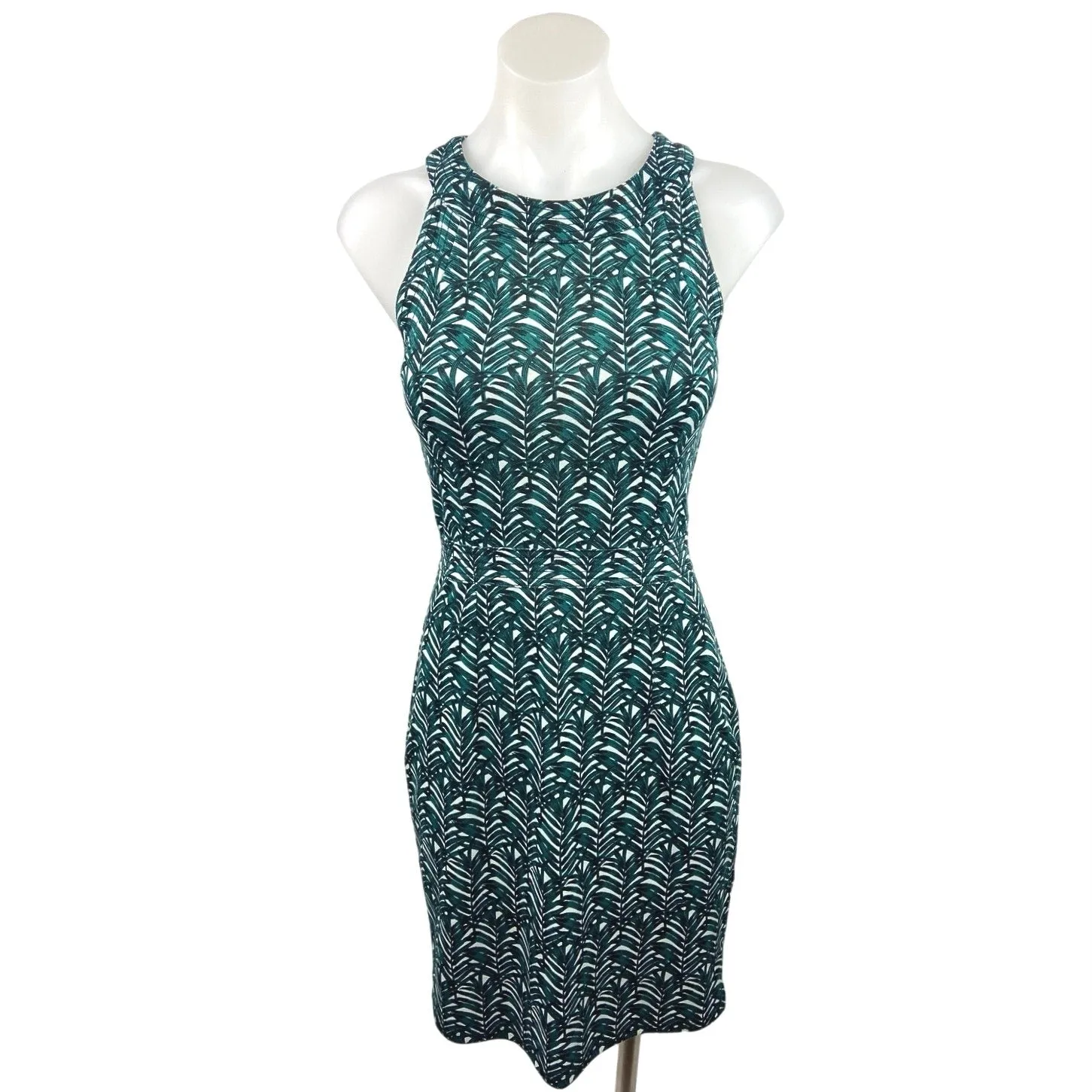 H&M Green Palm Leaf Print Sleeveless Crewneck Mini Career Office Sheath Dress S