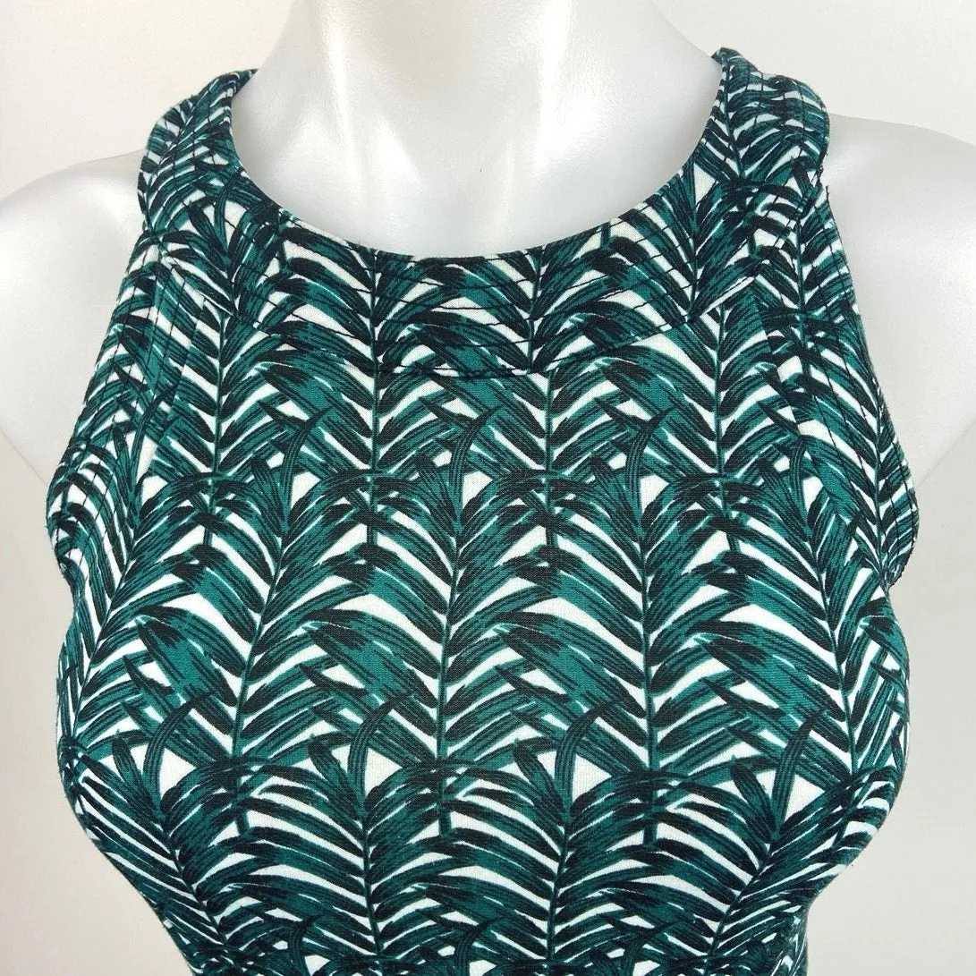 H&M Green Palm Leaf Print Sleeveless Crewneck Mini Career Office Sheath Dress S