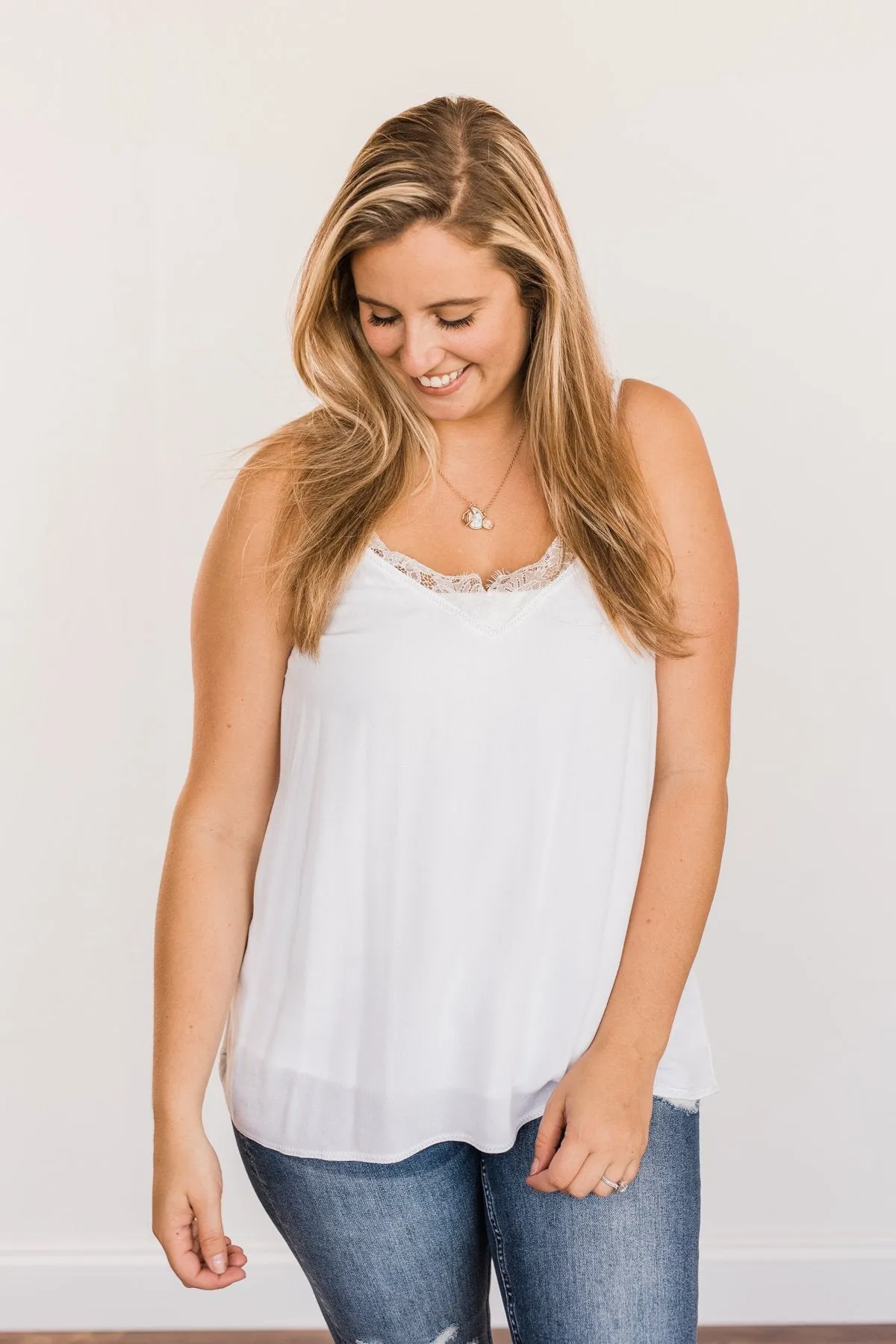 Raise Your Spirits Lace Trimmed Tank Top- Off-White