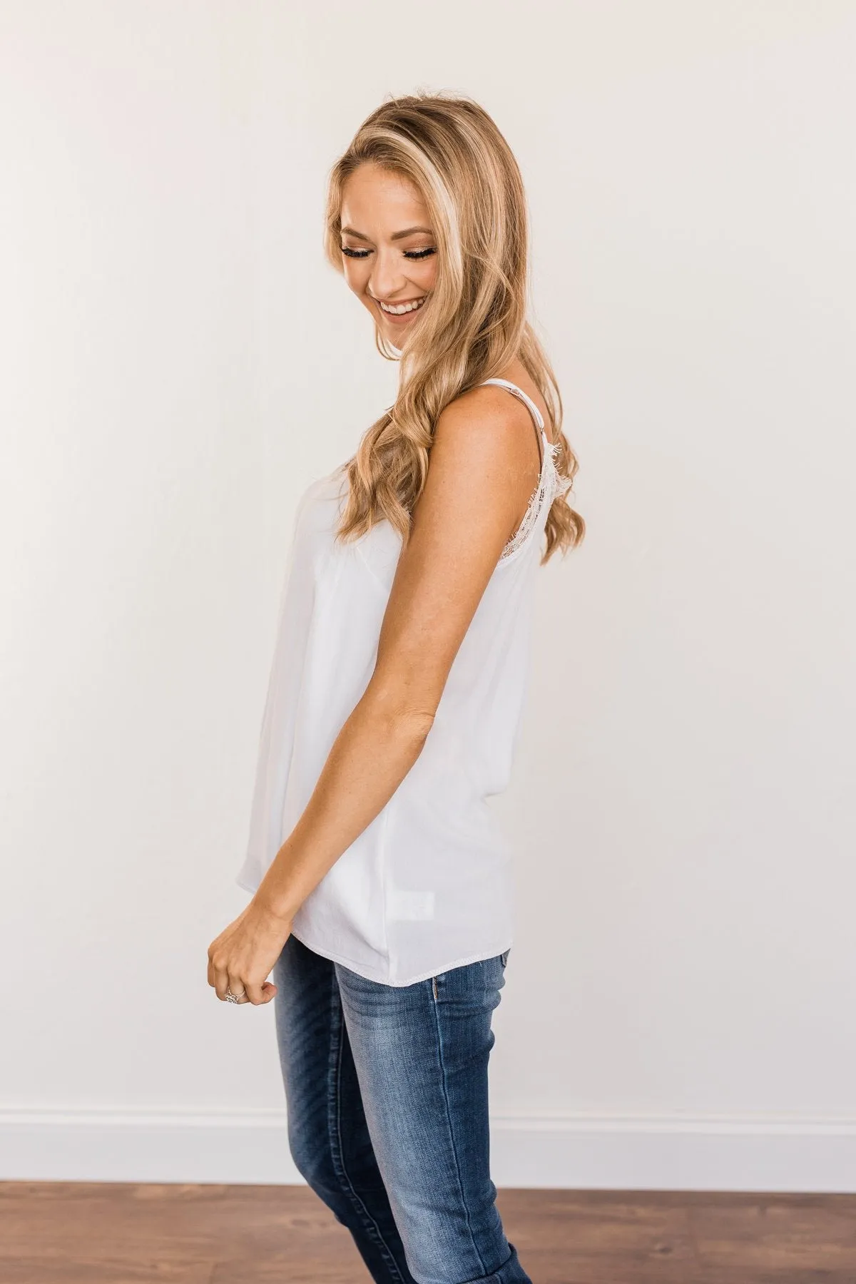 Raise Your Spirits Lace Trimmed Tank Top- Off-White