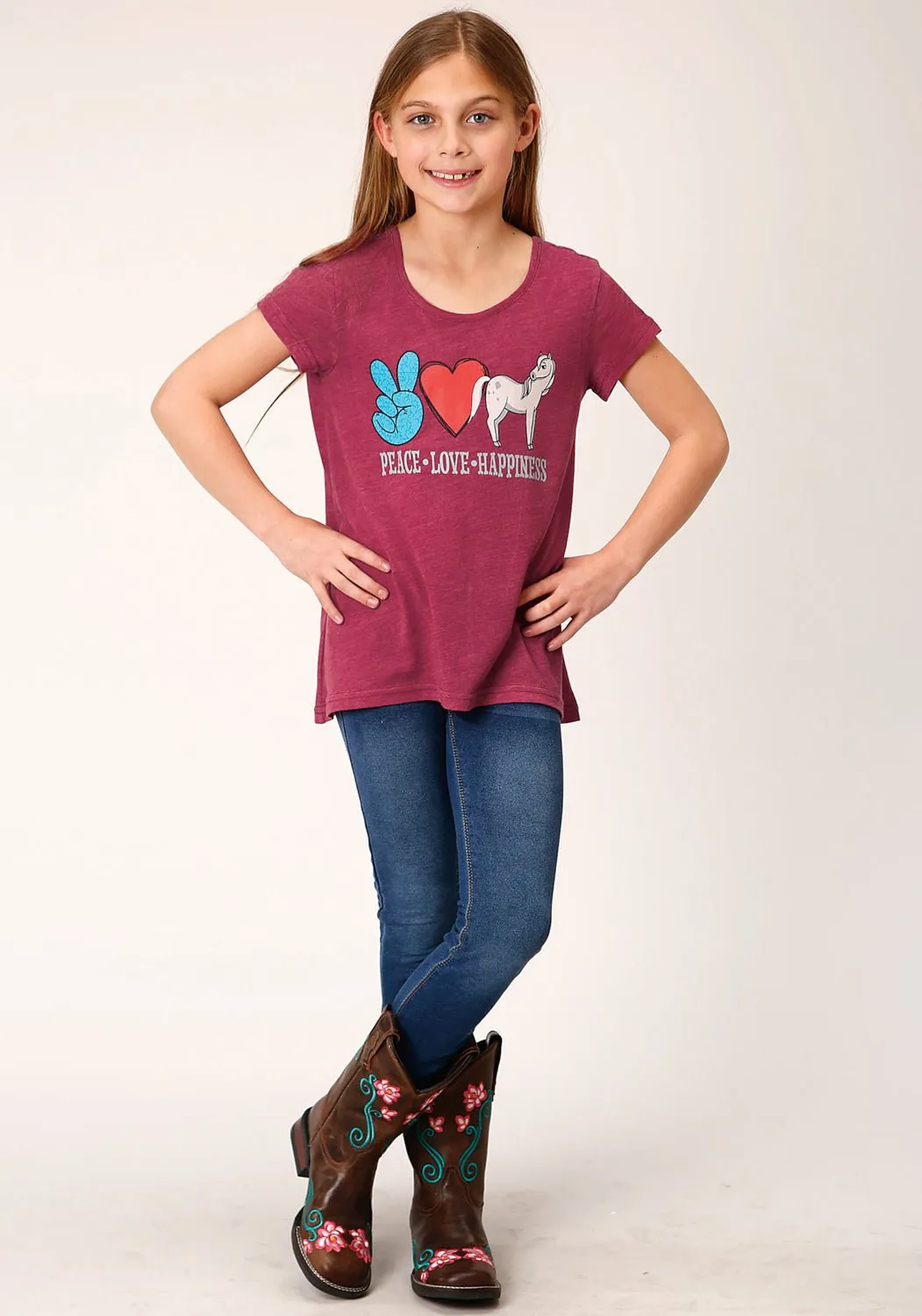 Roper Kids Girls Peace Love Happiness Wine Poly/Cotton S/S T-Shirt