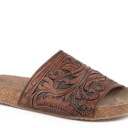 Roper Women's Destiny Leather Tooled Slide-Cognac and Black