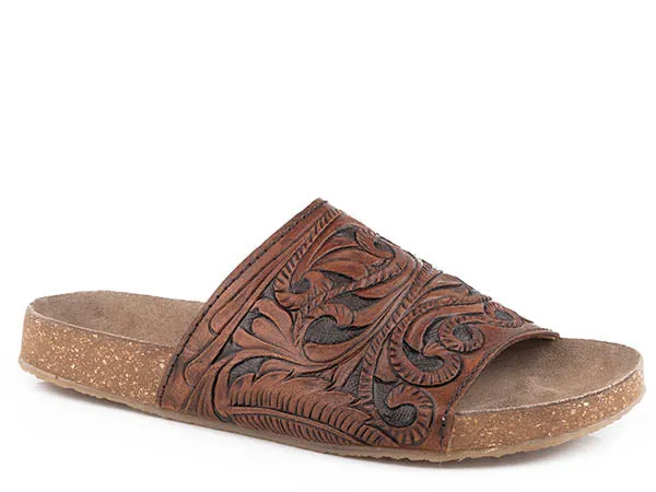 Roper Women's Destiny Leather Tooled Slide-Cognac and Black