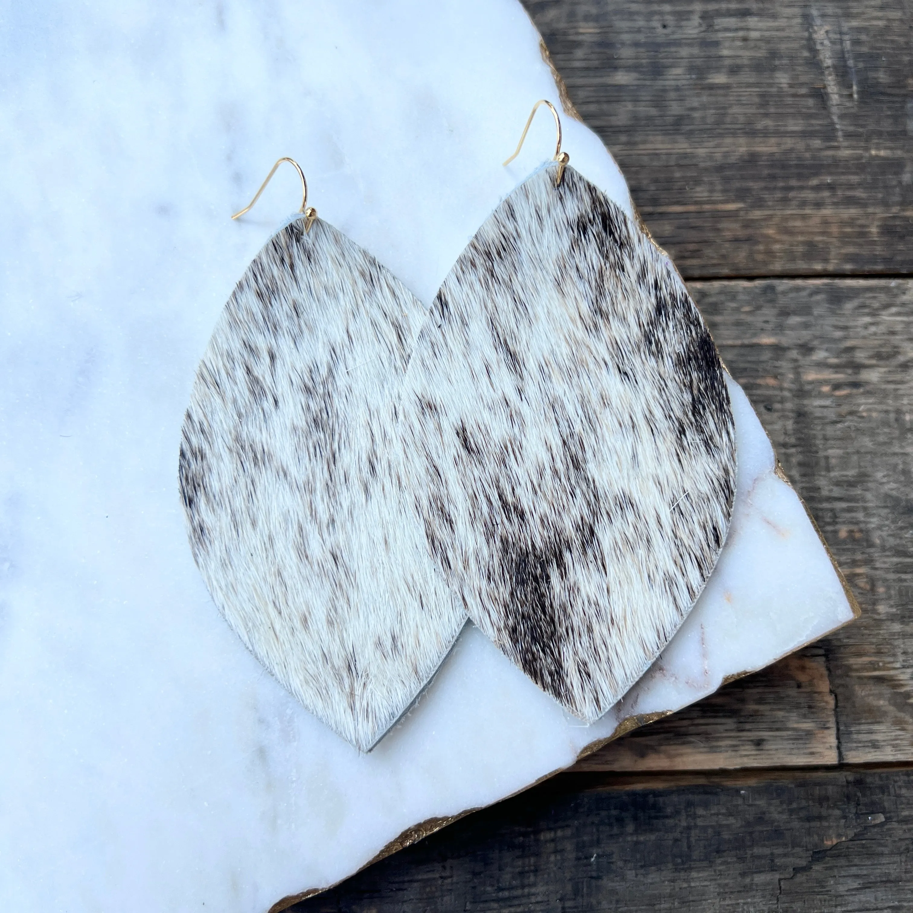 XL Leaf - Off White Brindle Cowhide - Leather Earrings